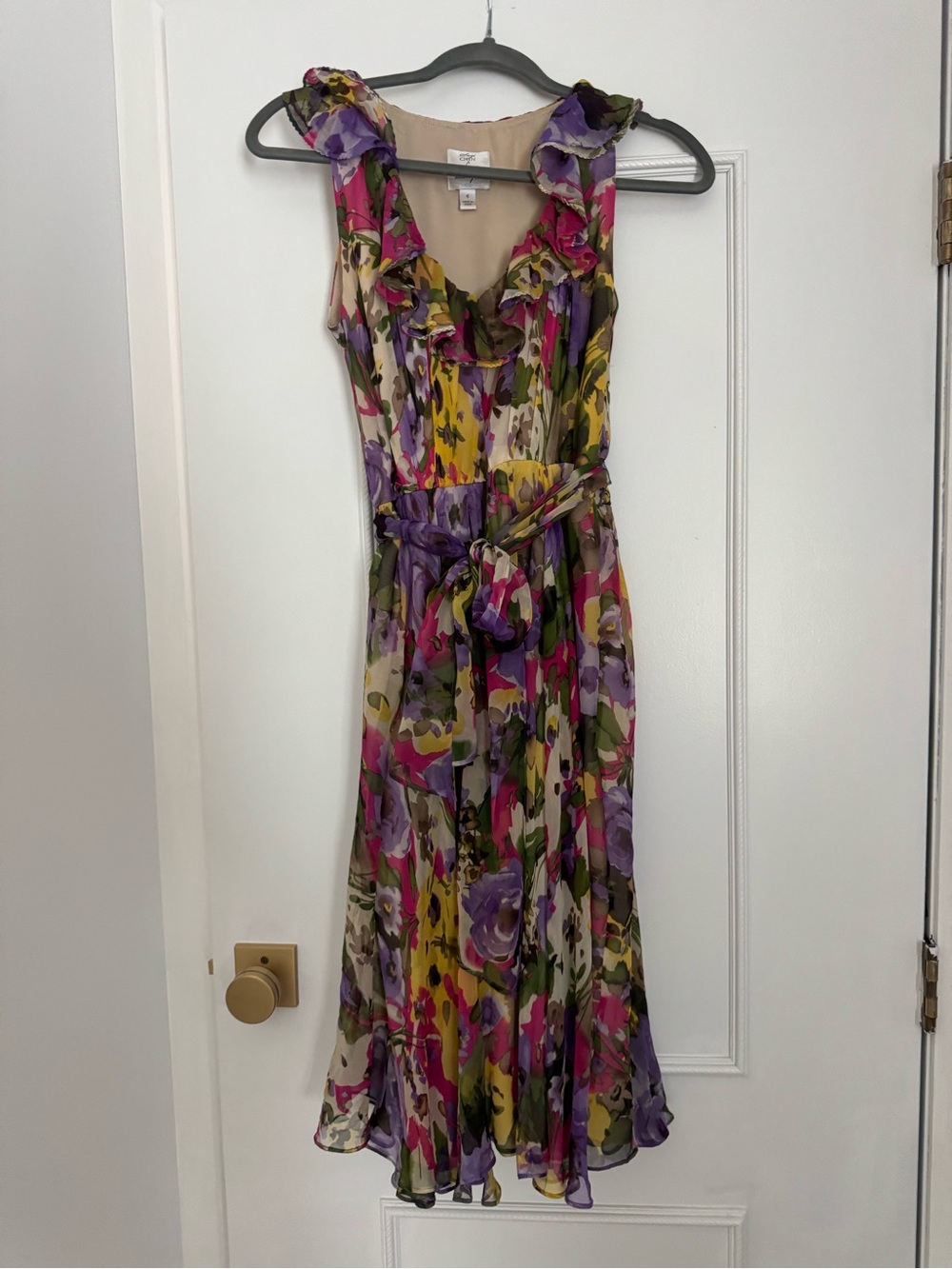 Suzi Chin Silk Floral Ruffle Midi Dress in Purple, Pink, Yellow